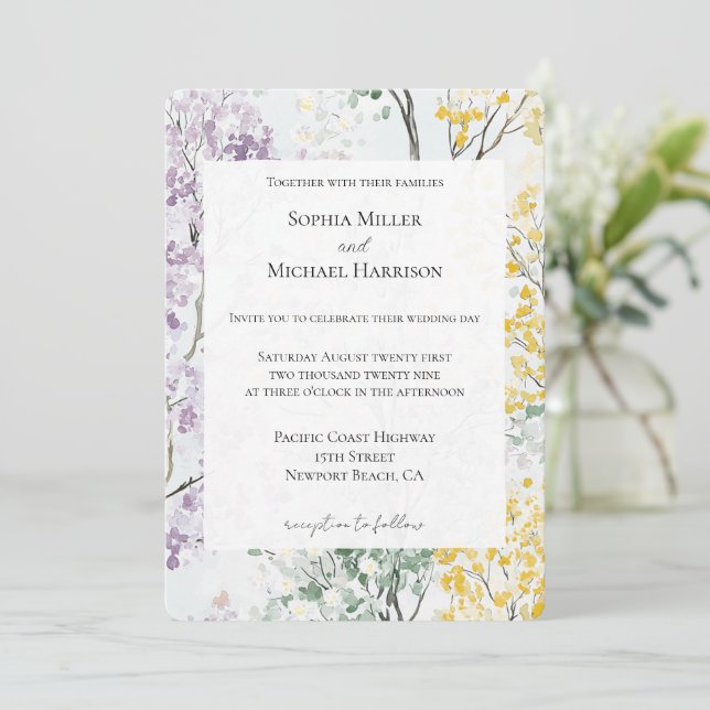 Invitation Mariage Fleur Violet Lavande Vert Jaune (Debout devant)