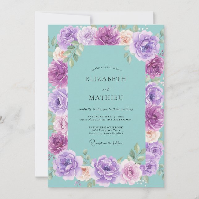 Invitation Mariage Fleur Violette Aqua (Devant)