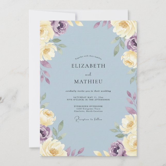 Invitation Mariage Fleur Violette d'Acier (Devant)