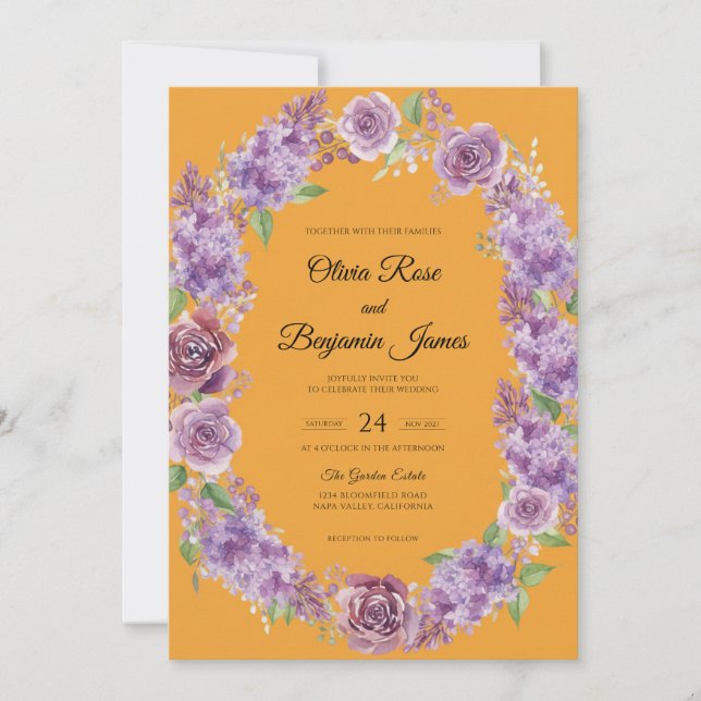 Invitation Mariage Fleur Violette Moutarde (Devant)