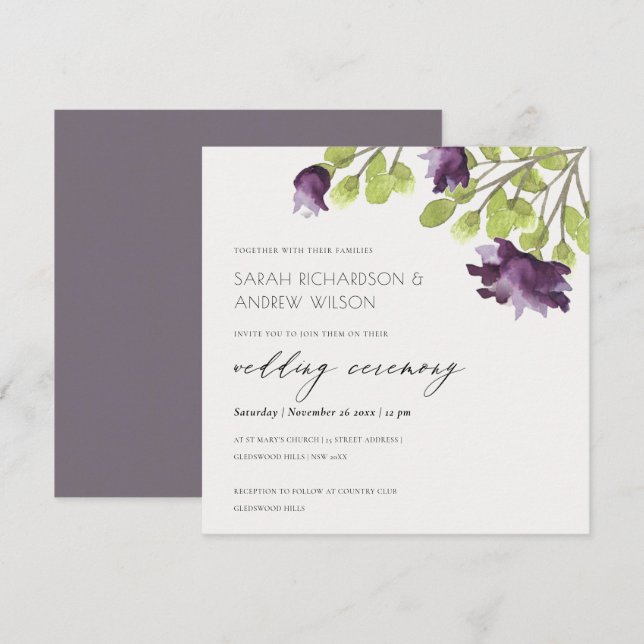 INVITATION MARIAGE FLEURAL À L'AQUARELLE BLEU VIOLET ÉLÉGANT (Devant / Derrière)