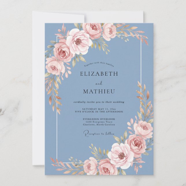 Invitation Mariage Fleural Bleu Acier Doux (Devant)