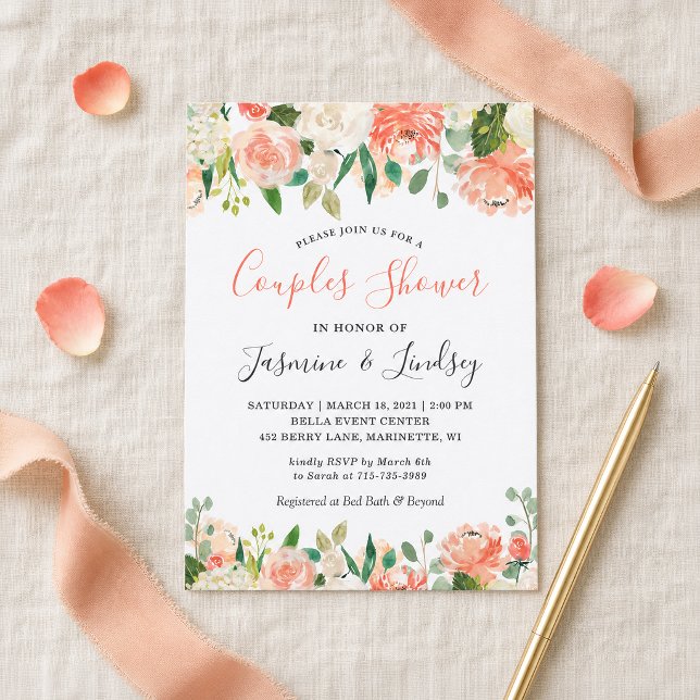Invitation Mariage Fleural Corail Pêche pour Couples (Créateur téléchargé)