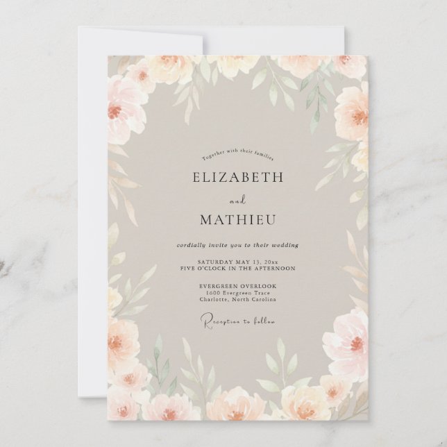 Invitation Mariage Fleural Douce de Pêche Champagne (Devant)