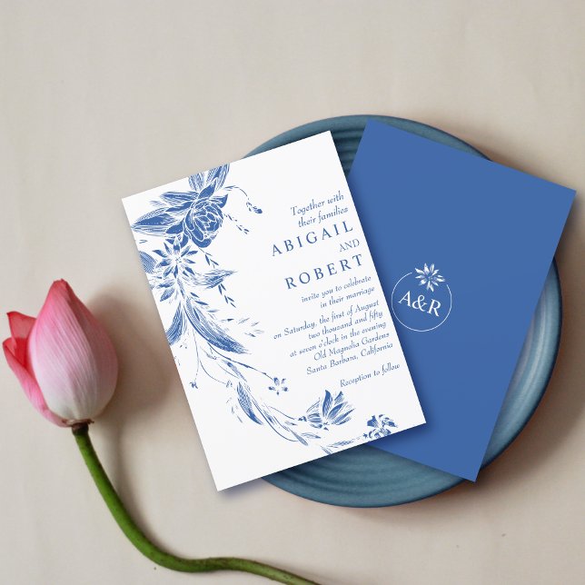 Invitation Mariage fleuri bleu et blanc (Créateur téléchargé)