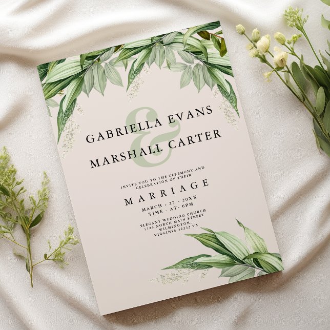 Invitation Mariage fleuri chic feuillage vert ivoire (Chic ivory green foliage floral ampersand wedding)