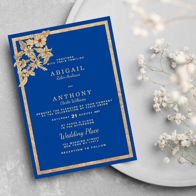 Invitation Mariage fleuri de la Parties scintillant Royal Blu (Stylish Royal Blue Gold Glitter Floral Wedding Invitation )