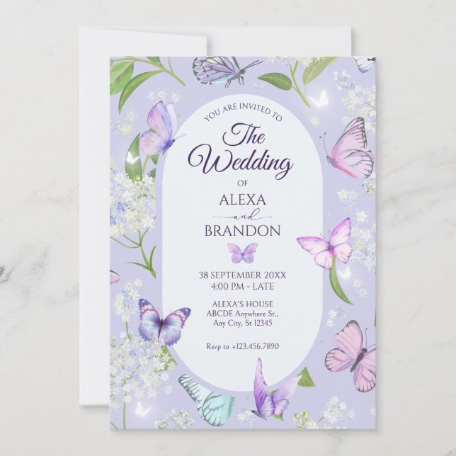 Invitation Mariage fleuri de papillon lavande violette (Devant)