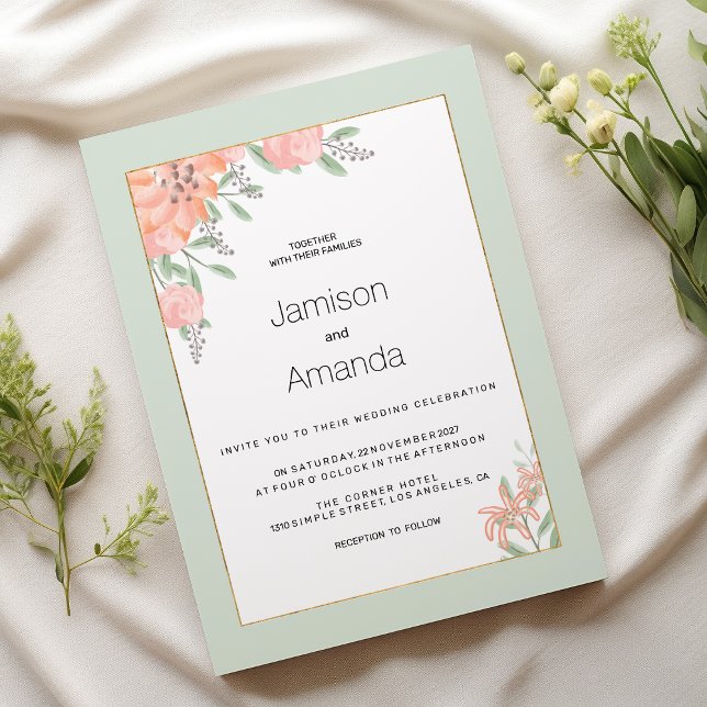 Invitation Mariage fleuri de printemps de menthe de corail ro (Botanic pink coral mint spring floral Wedding )