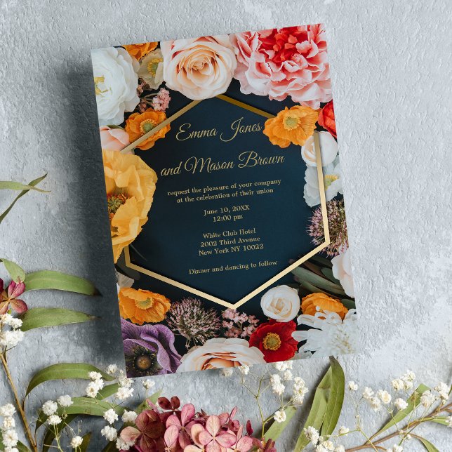 Invitation Mariage fleuri d'été jaune rose marine bleu or (Summer yellow pink navy blue gold floral Wedding )