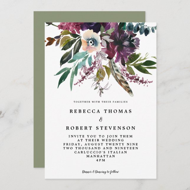 Invitation mariage fleuri fleuri à plumes pourpres boho (Devant / Derrière)