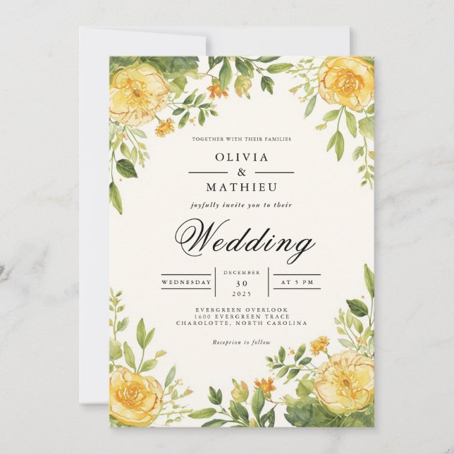 Invitation Mariage fleuri jaune doré (Devant)