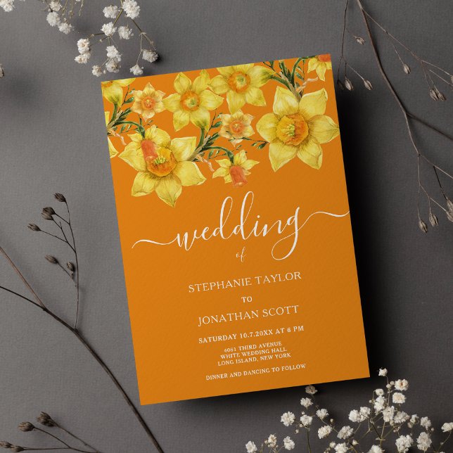 Invitation Mariage fleuri jaune orangé printemps (Spring yellow orange daffodils floral wedding)