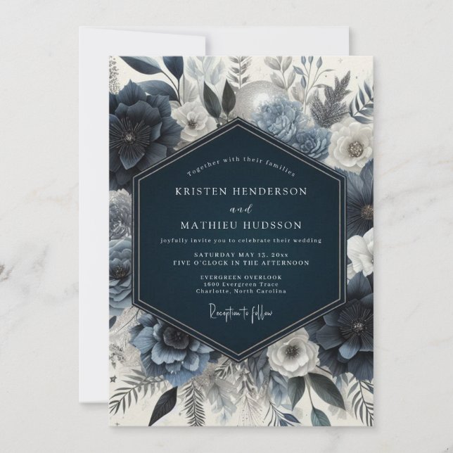 Invitation Mariage fleuri Navy humeur (Devant)