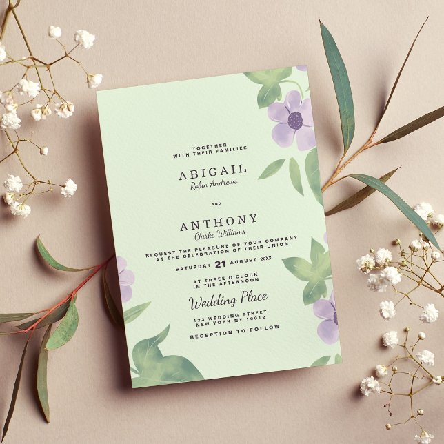 Invitation Mariage fleuri pourpre vert menthe de printemps (Spring mint green lavender purple floral Wedding )