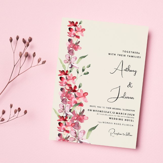 Invitation Mariage fleuri vert menthe rose ivoire (Ivory pink burgundy mint green floral Wedding )