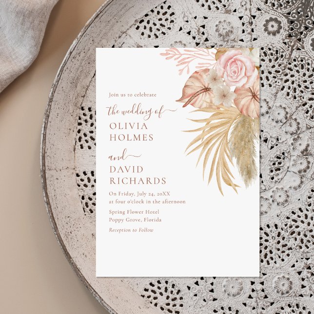 Invitation Mariage Fleurial d'Herbe des Pampas en Terracotta  (Modern Beige Pampas Grass Floral Wedding Invitation on a neutral boho plate.)