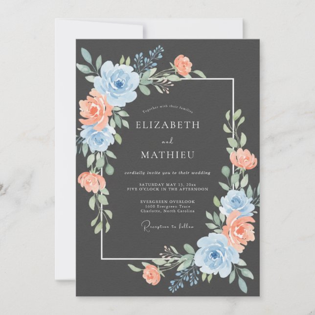 Invitation Mariage Fleurie à la Pêche Bleue (Devant)