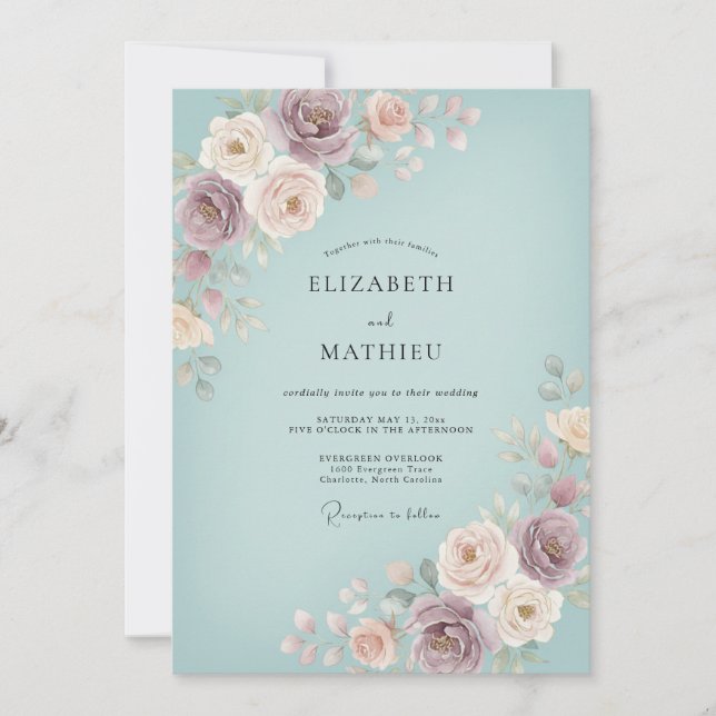 Invitation Mariage Fleurie à la Rose Poussiéreuse (Devant)