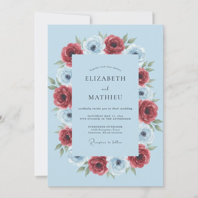 Invitation Mariage Fleurie Anémone Bleu Clair Luxuriant (Devant)