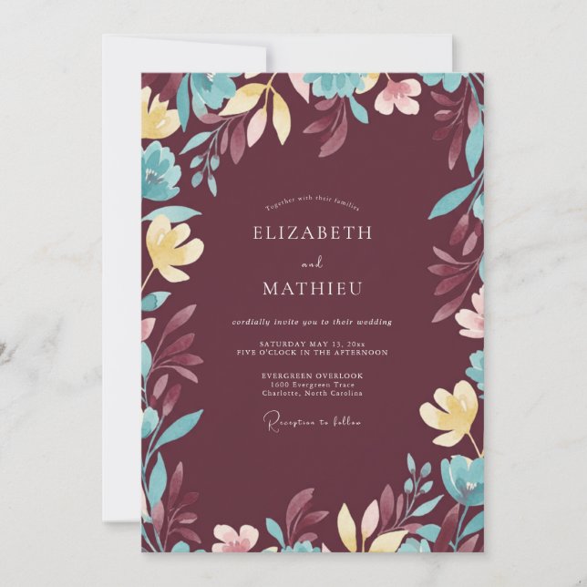 Invitation Mariage Fleurie Aqua et Sauge Plum (Devant)