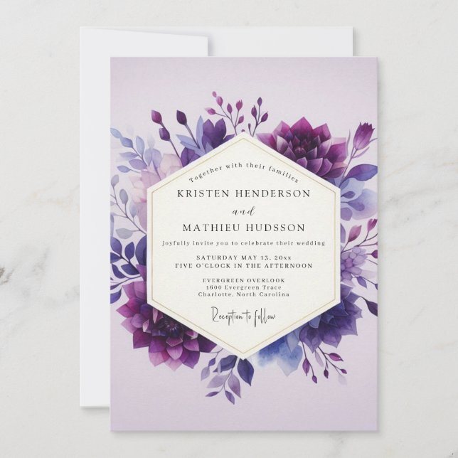 Invitation Mariage Fleurie Aquarelle Améthyste (Devant)
