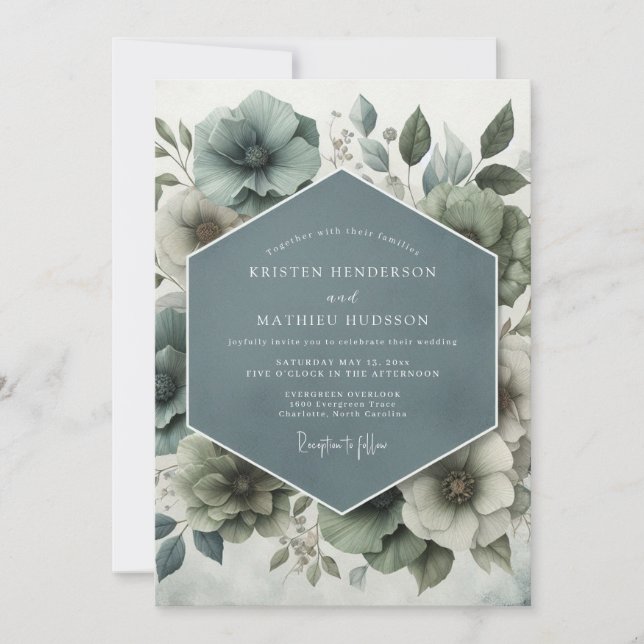 Invitation Mariage Fleurie Aquarelle Bleu Ardoise (Devant)