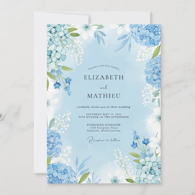 Invitation Mariage Fleurie Aquarelle Bleu Ciel (Devant)
