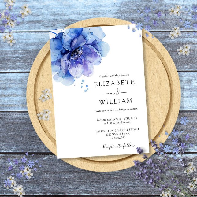 Invitation Mariage Fleurie Aquarelle Bleu Poussière Moderne (Dusty Blue Modern Watercolor Floral Wedding Invitation)