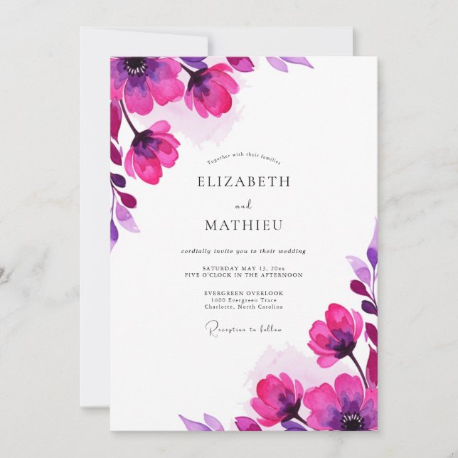 Invitation Mariage Fleurie Aquarelle Magenta (Devant)