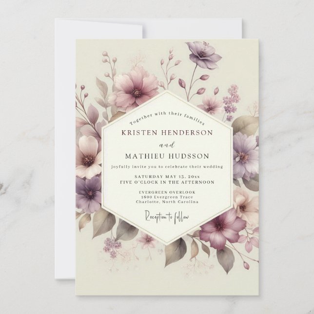Invitation Mariage Fleurie Aquarelle Mauve (Devant)