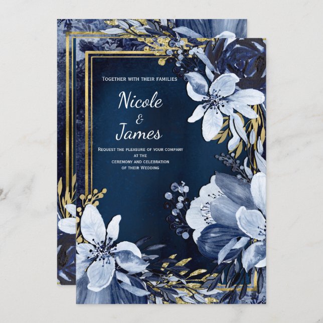 Invitation Mariage Fleurie Aquarelle Moderne Bleu Nuit & Or (Devant / Derrière)