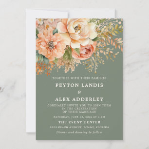 Invitation Mariage Fleurie Aquarelle Pêche Vert Sauge