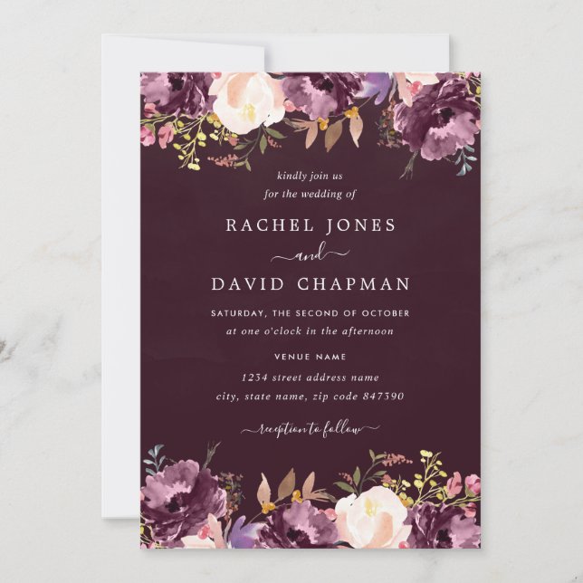 Invitation Mariage Fleurie Aquarelle Pourpre Bourgogne (Devant)