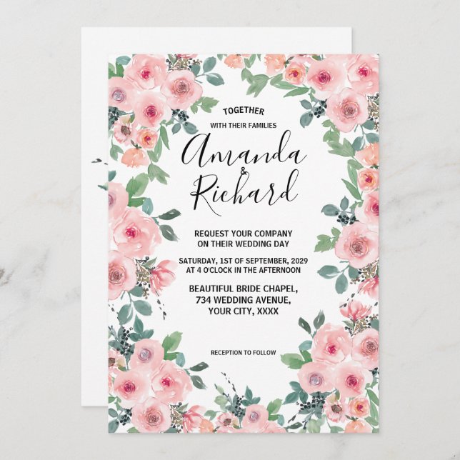 Invitation Mariage Fleurie Aquarelle Rose Tendre (Devant / Derrière)