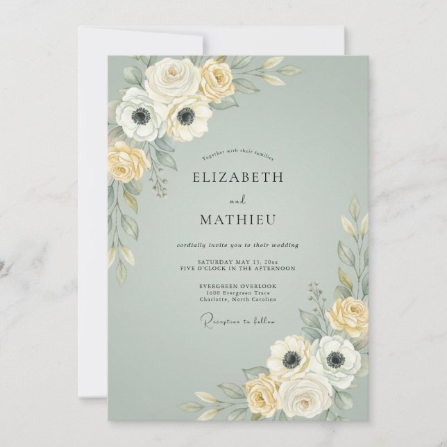 Invitation Mariage Fleurie Ardoise Poussiéreuse (Devant)