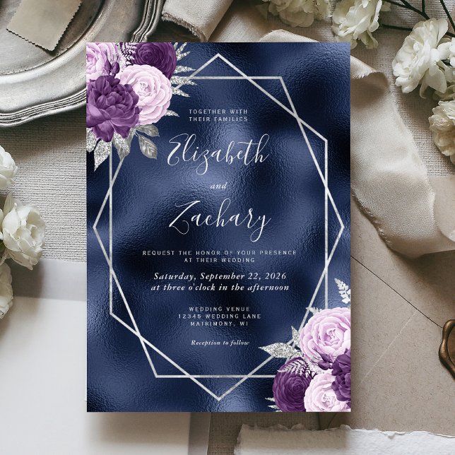Invitation Mariage Fleurie Argent Violet Lilas Navy Foil (Créateur téléchargé)