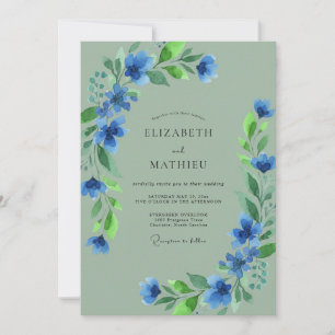 Invitation Mariage Fleurie Artistique Bleu