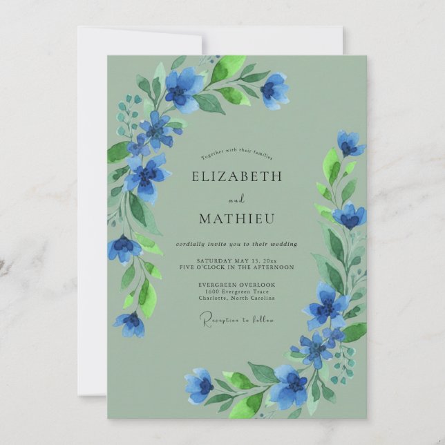 Invitation Mariage Fleurie Artistique Bleu (Devant)