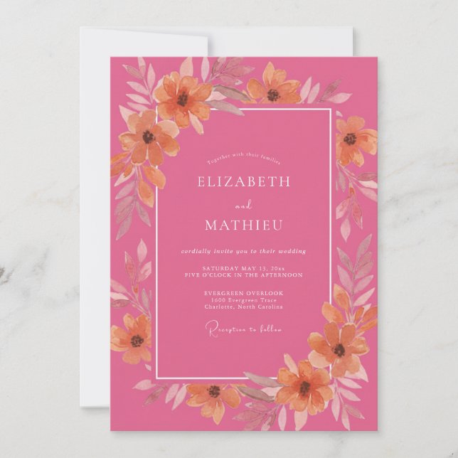 Invitation Mariage Fleurie Artistique Corail (Devant)