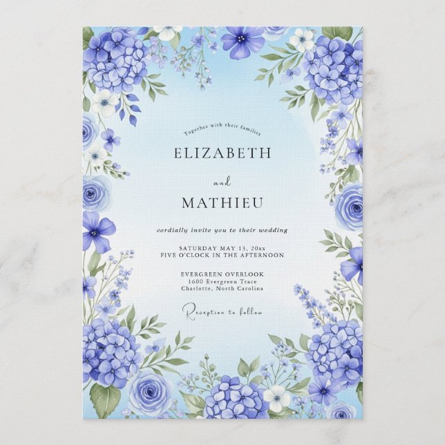Invitation Mariage Fleurie Artistique Hydrangea Bleue (Devant)