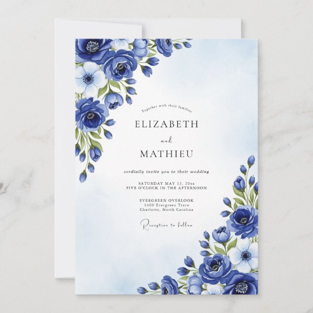 Invitation Mariage Fleurie au Cobalt (Devant)