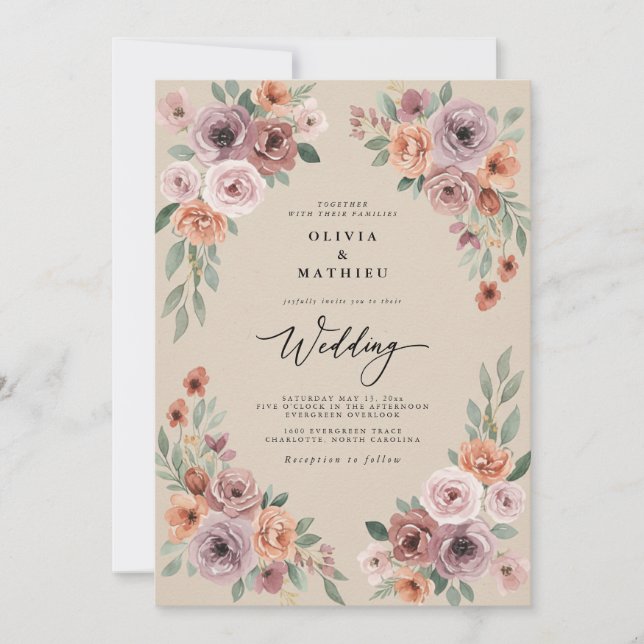 Invitation Mariage Fleurie au Lavande Poussiéreuse (Devant)