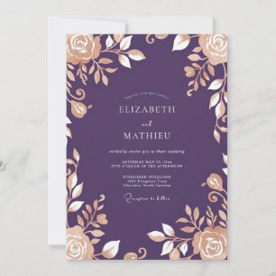 Invitation Mariage Fleurie Aubergine Champagne