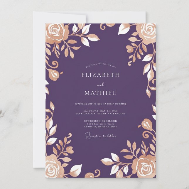 Invitation Mariage Fleurie Aubergine Champagne (Devant)