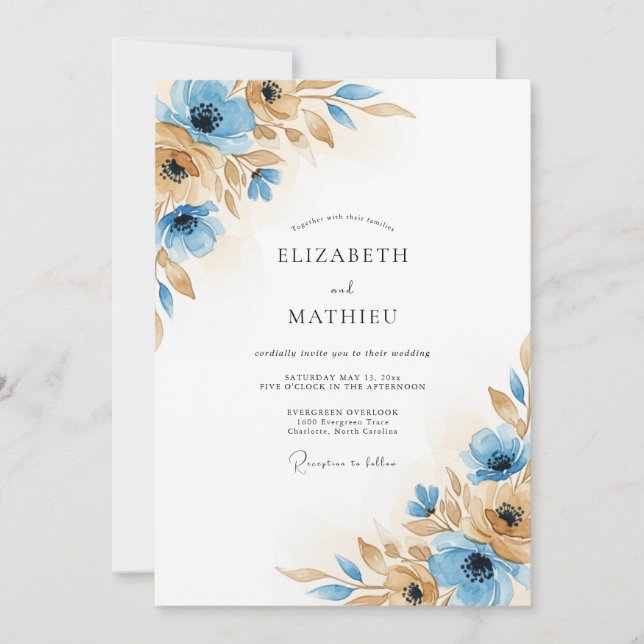 Invitation Mariage Fleurie Automne Bleu Brun (Devant)