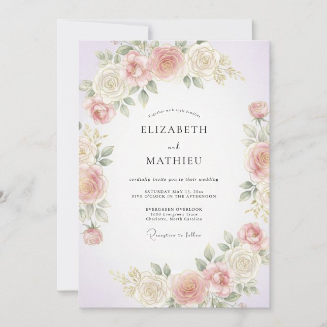 Invitation Mariage Fleurie aux Teintes de Pêche Pâle (Devant)