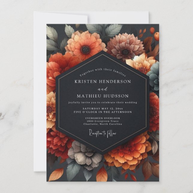 Invitation Mariage Fleurie Baroque Orange Brûlé (Devant)