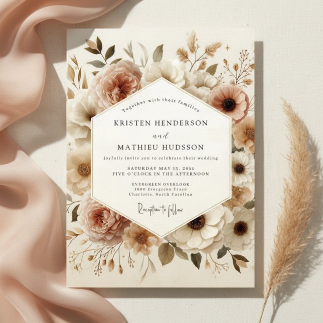 Invitation Mariage Fleurie Beige (Créateur téléchargé)