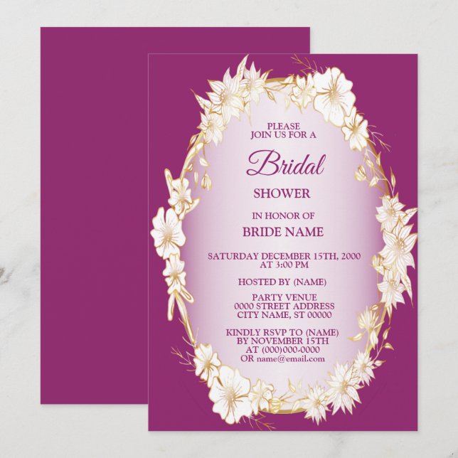 Invitation Mariage Fleurie Blanc Doré Rose Lavage de Bride (Devant / Derrière)